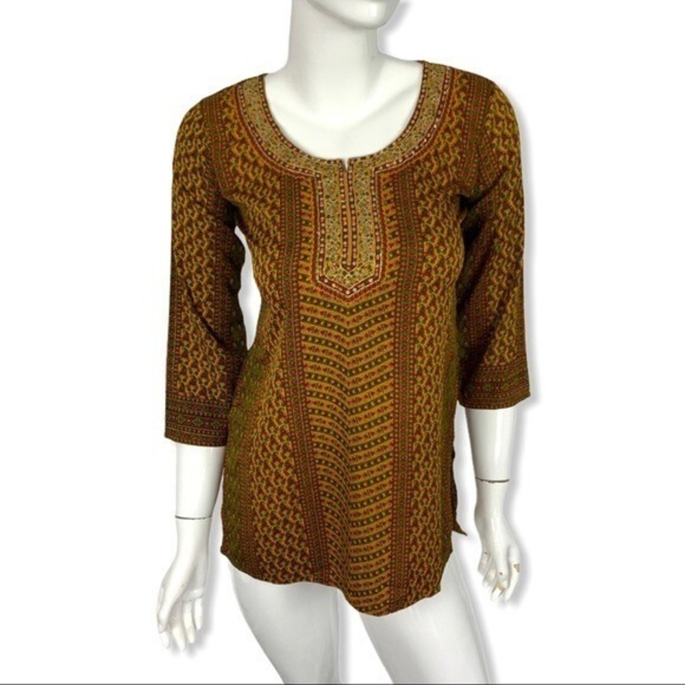 Kashish XS Boho Ethnic Print Tunic Top 3/4 Sleeve Festival Hippie Peasant Blouse